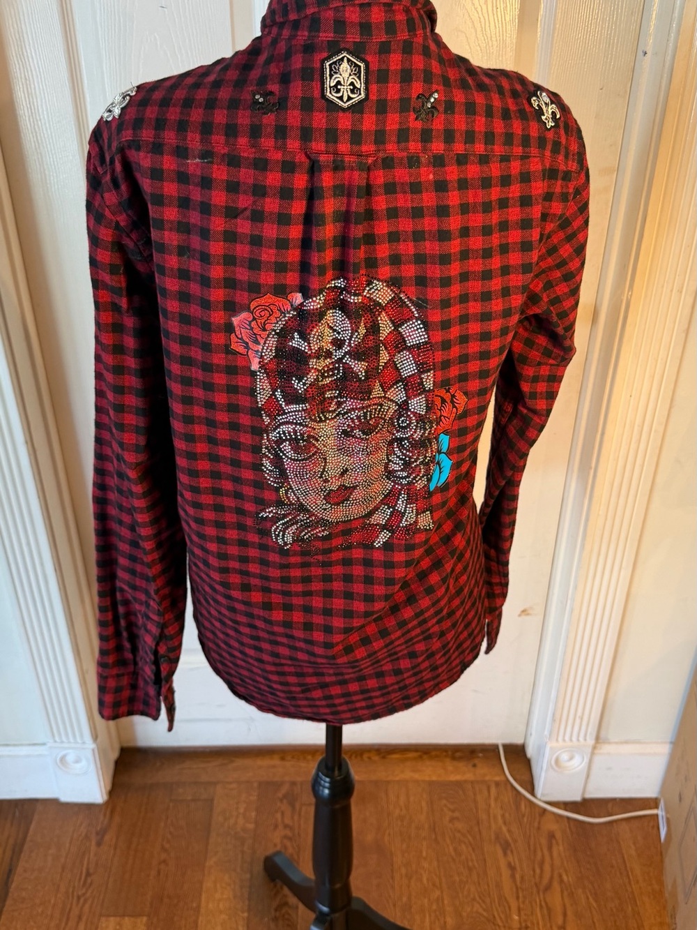 H&M Red and Black Check Button-Down Shirt with pirate lady  Back Graphic